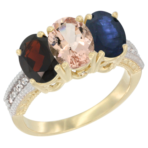 14K Yellow Gold Natural Garnet, Morganite & Blue Sapphire Ring 3-Stone 7x5 mm Oval Diamond Accent, sizes 5 - 10