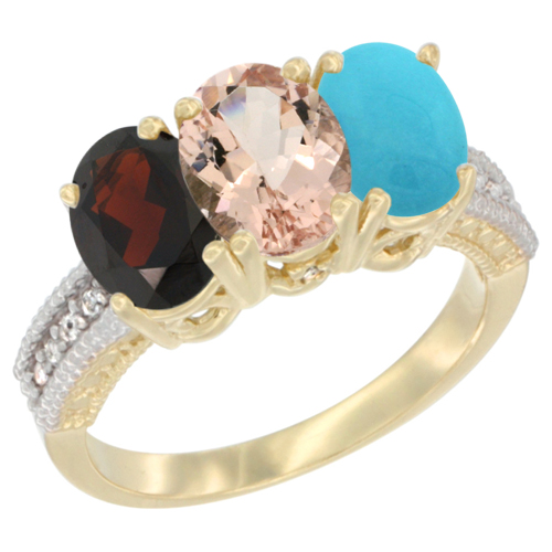 14K Yellow Gold Natural Garnet, Morganite & Turquoise Ring 3-Stone 7x5 mm Oval Diamond Accent, sizes 5 - 10