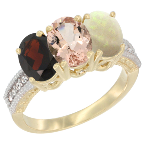 14K Yellow Gold Natural Garnet, Morganite & Opal Ring 3-Stone 7x5 mm Oval Diamond Accent, sizes 5 - 10