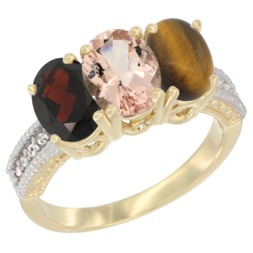 14K Yellow Gold Natural Garnet, Morganite & Tiger Eye Ring 3-Stone 7x5 mm Oval Diamond Accent, sizes 5 - 10