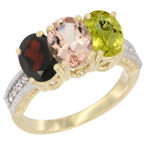 14K Yellow Gold Natural Garnet, Morganite & Lemon Quartz Ring 3-Stone 7x5 mm Oval Diamond Accent, sizes 5 - 10