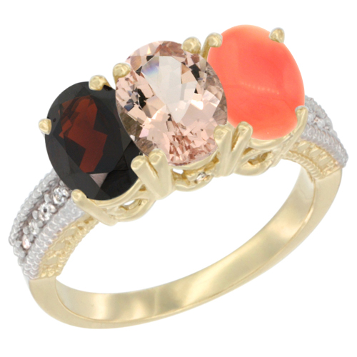 14K Yellow Gold Natural Garnet, Morganite & Coral Ring 3-Stone 7x5 mm Oval Diamond Accent, sizes 5 - 10