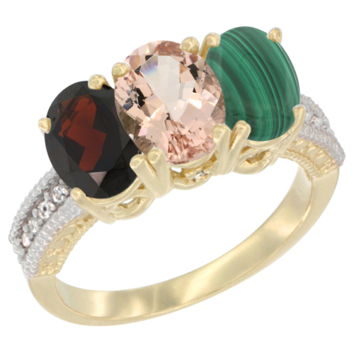 14K Yellow Gold Natural Garnet, Morganite & Malachite Ring 3-Stone 7x5 mm Oval Diamond Accent, sizes 5 - 10