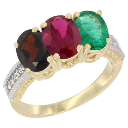 14K Yellow Gold Natural Garnet, Enhanced Ruby & Natural Emerald Ring 3-Stone 7x5 mm Oval Diamond Accent, sizes 5 - 10
