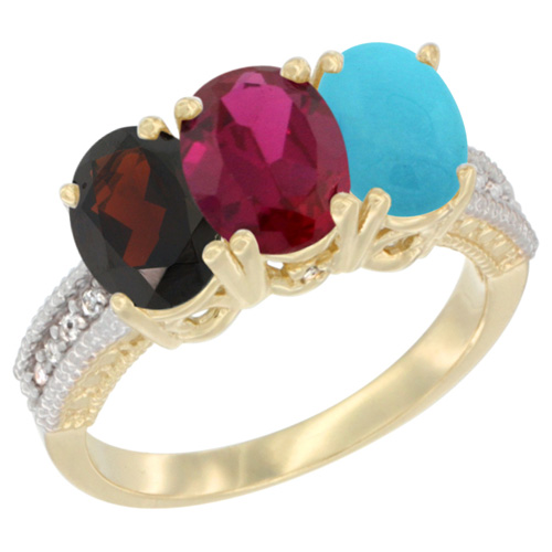 14K Yellow Gold Natural Garnet, Enhanced Ruby & Natural Turquoise Ring 3-Stone 7x5 mm Oval Diamond Accent, sizes 5 - 10