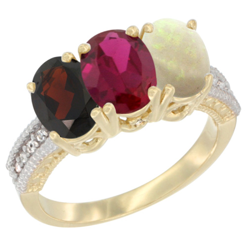 14K Yellow Gold Natural Garnet, Enhanced Ruby & Natural Opal Ring 3-Stone 7x5 mm Oval Diamond Accent, sizes 5 - 10
