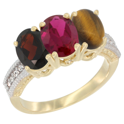 14K Yellow Gold Natural Garnet, Enhanced Ruby & Natural Tiger Eye Ring 3-Stone 7x5 mm Oval Diamond Accent, sizes 5 - 10