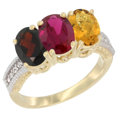 14K Yellow Gold Natural Garnet, Enhanced Ruby & Natural Whisky Quartz Ring 3-Stone 7x5 mm Oval Diamond Accent, sizes 5 - 10