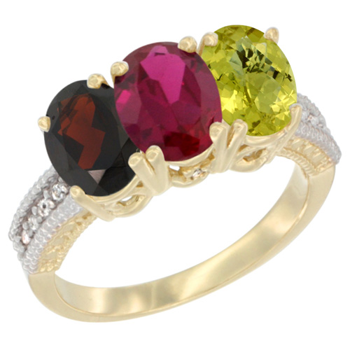 14K Yellow Gold Natural Garnet, Enhanced Ruby & Natural Lemon Quartz Ring 3-Stone 7x5 mm Oval Diamond Accent, sizes 5 - 10