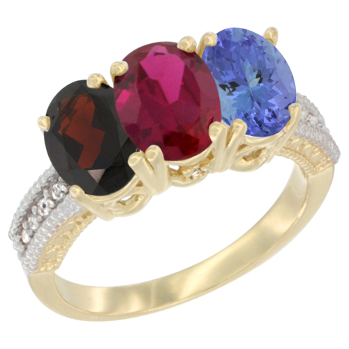 14K Yellow Gold Natural Garnet, Enhanced Ruby & Natural Tanzanite Ring 3-Stone 7x5 mm Oval Diamond Accent, sizes 5 - 10