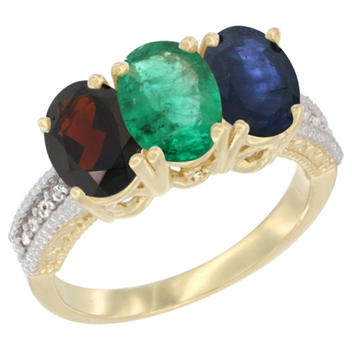 10K Yellow Gold Diamond Natural Garnet, Emerald & Blue Sapphire Ring 3-Stone 7x5 mm Oval, sizes 5 - 10