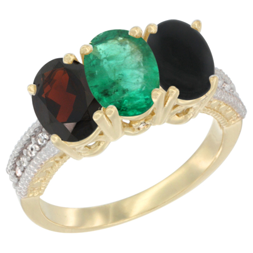 10K Yellow Gold Diamond Natural Garnet, Emerald & Black Onyx Ring 3-Stone 7x5 mm Oval, sizes 5 - 10