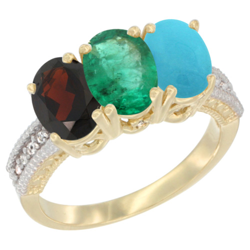 14K Yellow Gold Natural Garnet, Emerald & Turquoise Ring 3-Stone 7x5 mm Oval Diamond Accent, sizes 5 - 10