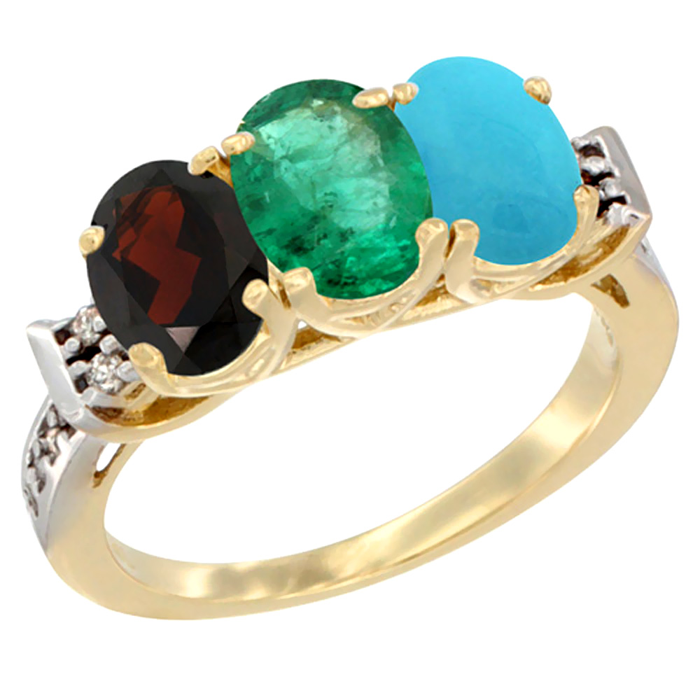 14K Yellow Gold Natural Garnet, Emerald & Turquoise Ring 3-Stone 7x5 mm Oval Diamond Accent, sizes 5 - 10