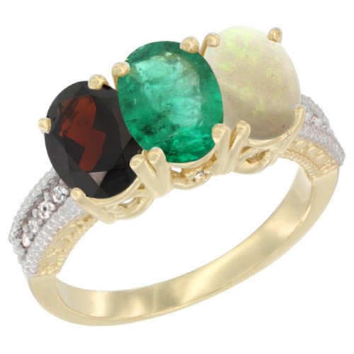 14K Yellow Gold Natural Garnet, Emerald & Opal Ring 3-Stone 7x5 mm Oval Diamond Accent, sizes 5 - 10