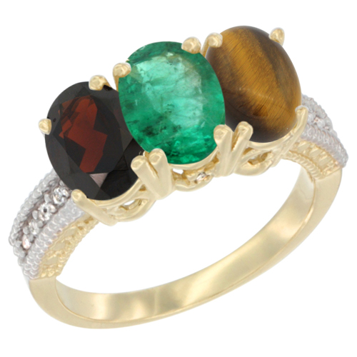14K Yellow Gold Natural Garnet, Emerald & Tiger Eye Ring 3-Stone 7x5 mm Oval Diamond Accent, sizes 5 - 10