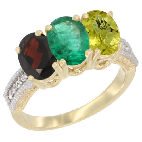 14K Yellow Gold Natural Garnet, Emerald & Lemon Quartz Ring 3-Stone 7x5 mm Oval Diamond Accent, sizes 5 - 10