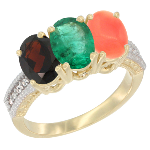 14K Yellow Gold Natural Garnet, Emerald & Coral Ring 3-Stone 7x5 mm Oval Diamond Accent, sizes 5 - 10