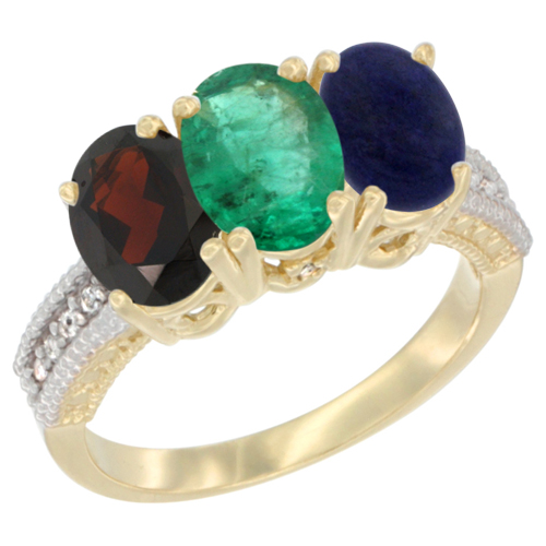 14K Yellow Gold Natural Garnet, Emerald & Lapis Ring 3-Stone 7x5 mm Oval Diamond Accent, sizes 5 - 10
