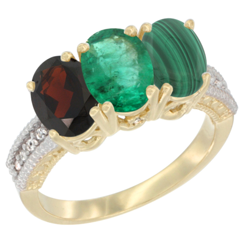 14K Yellow Gold Natural Garnet, Emerald & Malachite Ring 3-Stone 7x5 mm Oval Diamond Accent, sizes 5 - 10