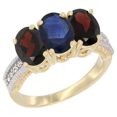 10K Yellow Gold Diamond Natural Blue Sapphire & Garnet Ring 3-Stone 7x5 mm Oval, sizes 5 - 10