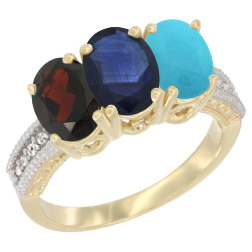 10K Yellow Gold Diamond Natural Garnet, Blue Sapphire & Turquoise Ring 3-Stone 7x5 mm Oval, sizes 5 - 10