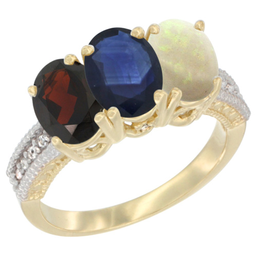 10K Yellow Gold Diamond Natural Garnet, Blue Sapphire & Opal Ring 3-Stone 7x5 mm Oval, sizes 5 - 10