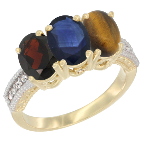 10K Yellow Gold Diamond Natural Garnet, Blue Sapphire & Tiger Eye Ring 3-Stone 7x5 mm Oval, sizes 5 - 10