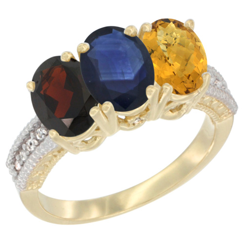 10K Yellow Gold Diamond Natural Garnet, Blue Sapphire & Whisky Quartz Ring 3-Stone 7x5 mm Oval, sizes 5 - 10