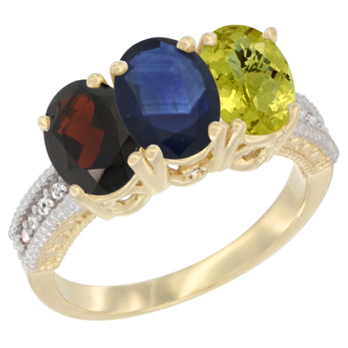10K Yellow Gold Diamond Natural Garnet, Blue Sapphire & Lemon Quartz Ring 3-Stone 7x5 mm Oval, sizes 5 - 10
