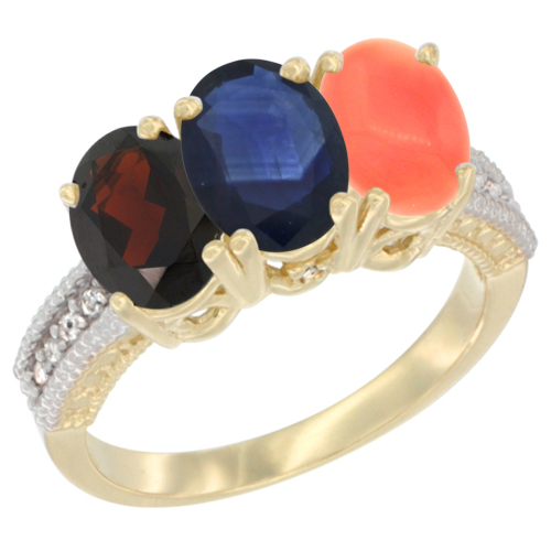 10K Yellow Gold Diamond Natural Garnet, Blue Sapphire & Coral Ring 3-Stone 7x5 mm Oval, sizes 5 - 10