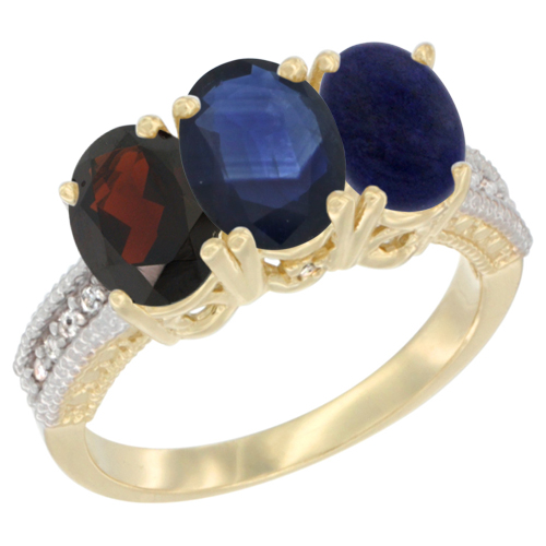 10K Yellow Gold Diamond Natural Garnet, Blue Sapphire & Lapis Ring 3-Stone 7x5 mm Oval, sizes 5 - 10