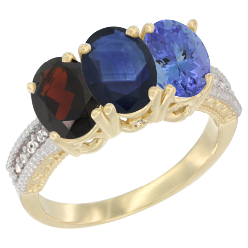 14K Yellow Gold Natural Garnet, Blue Sapphire & Tanzanite Ring 3-Stone 7x5 mm Oval Diamond Accent, sizes 5 - 10
