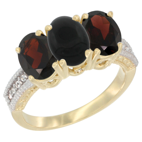 10K Yellow Gold Diamond Natural Black Onyx & Garnet Ring 3-Stone 7x5 mm Oval, sizes 5 - 10
