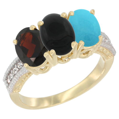 10K Yellow Gold Diamond Natural Garnet, Black Onyx & Turquoise Ring 3-Stone 7x5 mm Oval, sizes 5 - 10