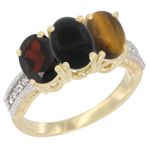 10K Yellow Gold Diamond Natural Garnet, Black Onyx & Tiger Eye Ring 3-Stone 7x5 mm Oval, sizes 5 - 10