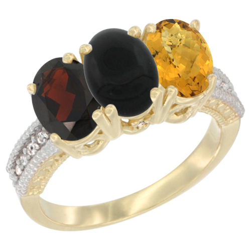 10K Yellow Gold Diamond Natural Garnet, Black Onyx & Whisky Quartz Ring 3-Stone 7x5 mm Oval, sizes 5 - 10