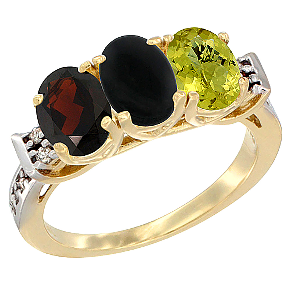 10K Yellow Gold Natural Garnet, Black Onyx & Lemon Quartz Ring 3-Stone Oval 7x5 mm Diamond Accent, sizes 5 - 10