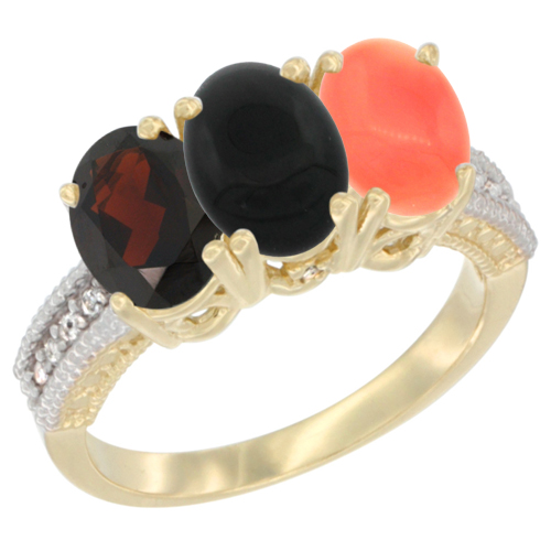 10K Yellow Gold Diamond Natural Garnet, Black Onyx & Coral Ring 3-Stone 7x5 mm Oval, sizes 5 - 10