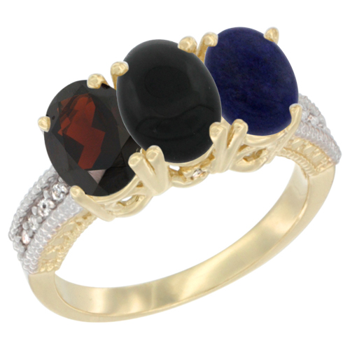 10K Yellow Gold Diamond Natural Garnet, Black Onyx & Lapis Ring 3-Stone 7x5 mm Oval, sizes 5 - 10