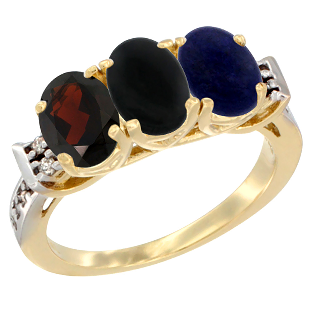 10K Yellow Gold Natural Garnet, Black Onyx & Lapis Ring 3-Stone Oval 7x5 mm Diamond Accent, sizes 5 - 10
