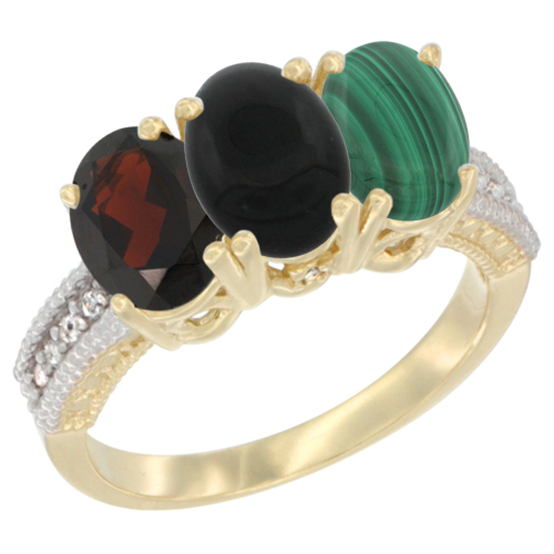 10K Yellow Gold Diamond Natural Garnet, Black Onyx & Malachite Ring 3-Stone 7x5 mm Oval, sizes 5 - 10