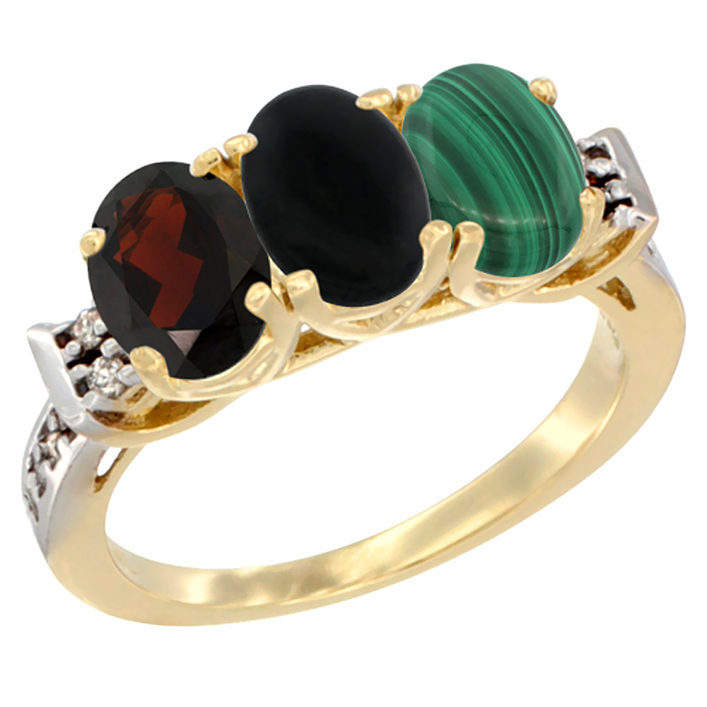 10K Yellow Gold Natural Garnet, Black Onyx & Malachite Ring 3-Stone Oval 7x5 mm Diamond Accent, sizes 5 - 10