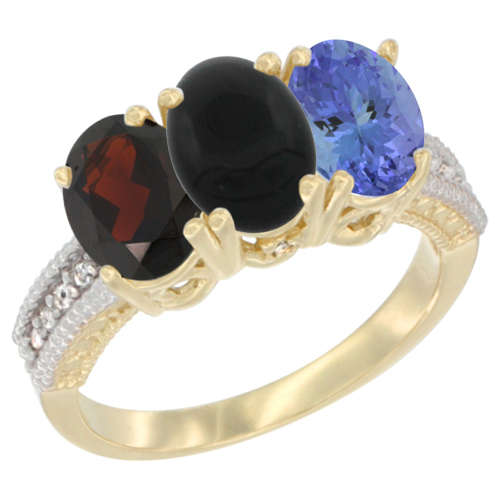 10K Yellow Gold Diamond Natural Garnet, Black Onyx & Tanzanite Ring 3-Stone 7x5 mm Oval, sizes 5 - 10