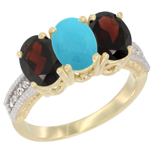 10K Yellow Gold Diamond Natural Turquoise & Garnet Ring 3-Stone 7x5 mm Oval, sizes 5 - 10