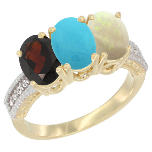 10K Yellow Gold Diamond Natural Garnet, Turquoise & Opal Ring 3-Stone 7x5 mm Oval, sizes 5 - 10