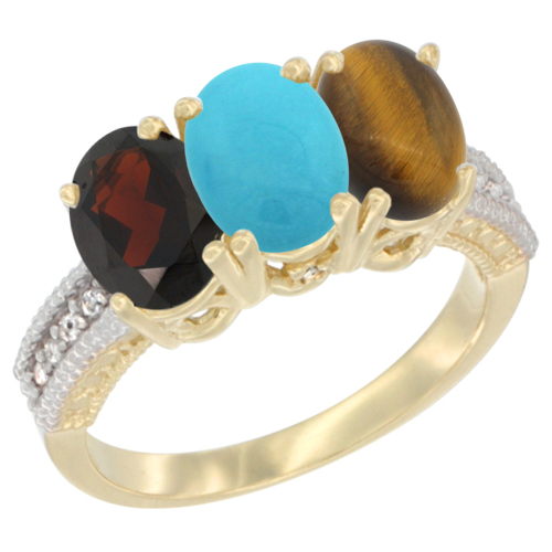10K Yellow Gold Diamond Natural Garnet, Turquoise & Tiger Eye Ring 3-Stone 7x5 mm Oval, sizes 5 - 10