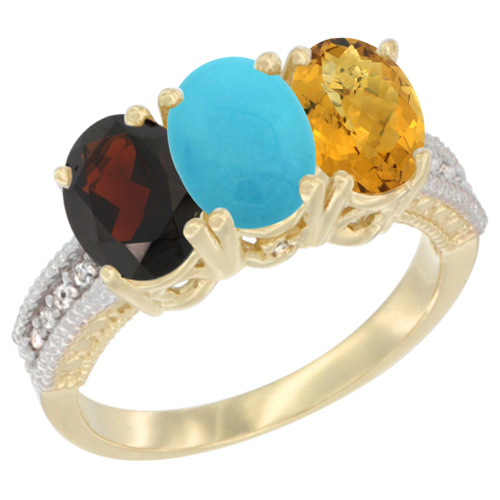 10K Yellow Gold Diamond Natural Garnet, Turquoise & Whisky Quartz Ring 3-Stone 7x5 mm Oval, sizes 5 - 10