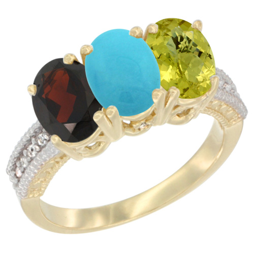 10K Yellow Gold Diamond Natural Garnet, Turquoise & Lemon Quartz Ring 3-Stone 7x5 mm Oval, sizes 5 - 10
