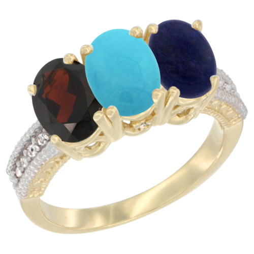 10K Yellow Gold Diamond Natural Garnet, Turquoise & Lapis Ring 3-Stone 7x5 mm Oval, sizes 5 - 10
